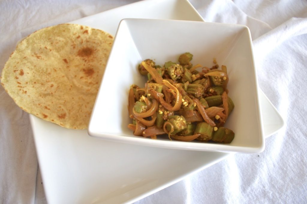 Bhindi masala (Indian curried okra) with roti