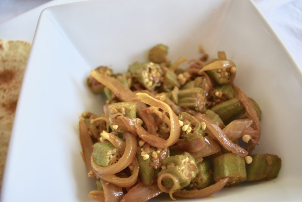 Closeup Bhindi Masala (Indian curried okra) with onions