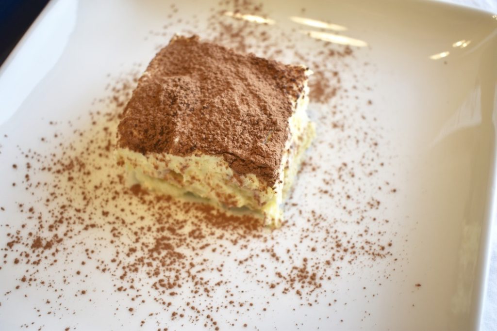 Side view of tiramisu cake