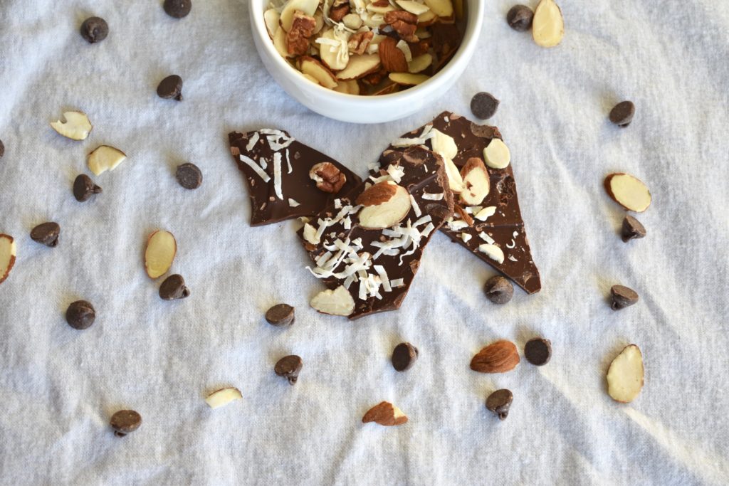 Overhead shot of easy 5-minute chocolate bark with toppings